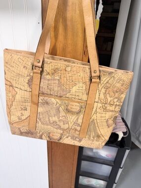 Vintage Map Print Tote Bag in Tan and Brown